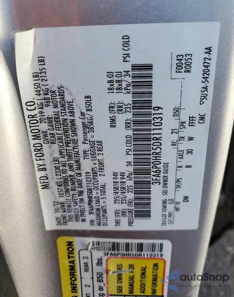 2013 Ford Fusion Se из США, поврежденный, VIN 3FA6P0HR5DR110319